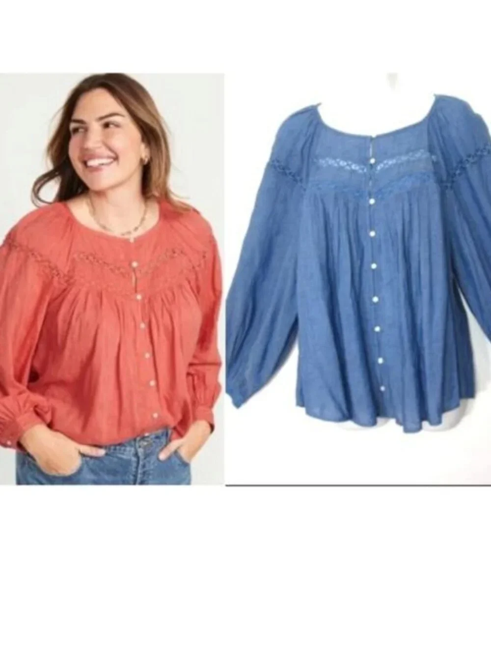 Old Navy NEW Size L Large Long Sleeve Embroidered Lace Trim Peasant Top Blue